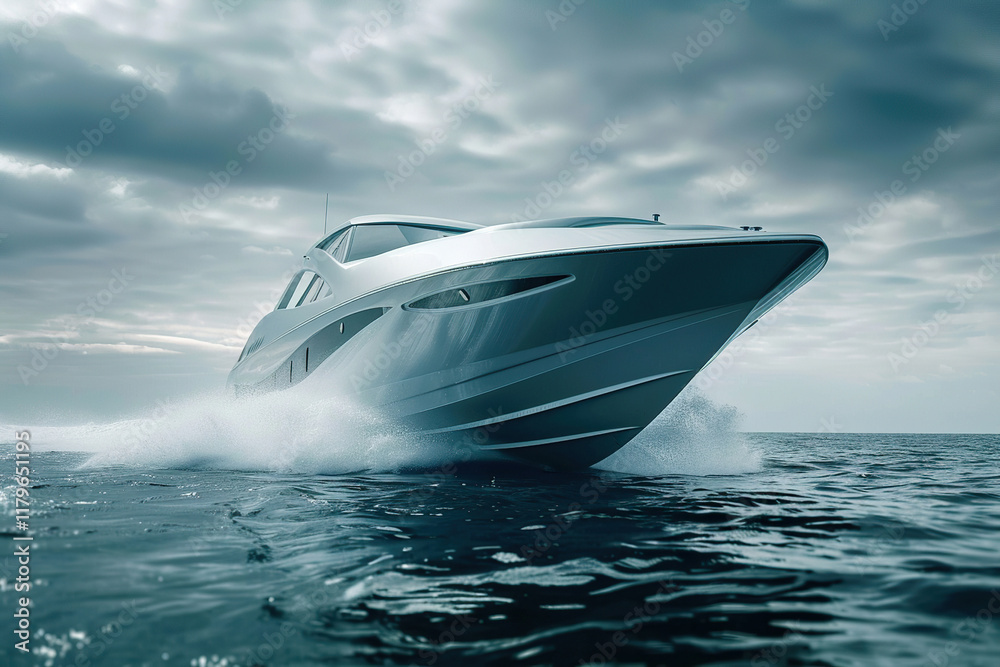 Fototapeta premium Luxury private big motor yacht in tropical sea with soft blue wave, abstract vivid composition consists of fictional unreal fantastic vision on background