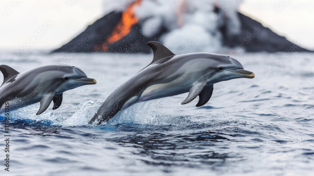 Obraz premium Playful dolphins leaping near underwater volcanic plume, showcasing their agility and joy in ocean. vibrant scene captures beauty of marine life and nature power