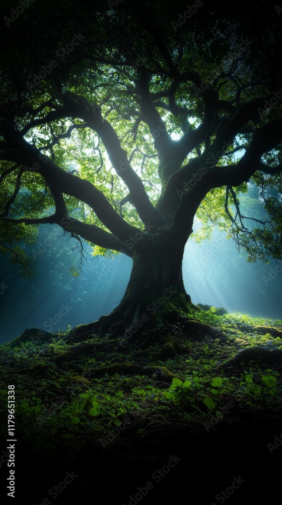 Fototapeta premium A majestic tree stands in a serene forest, illuminated by soft light, showcasing its intricate branches and lush green leaves.