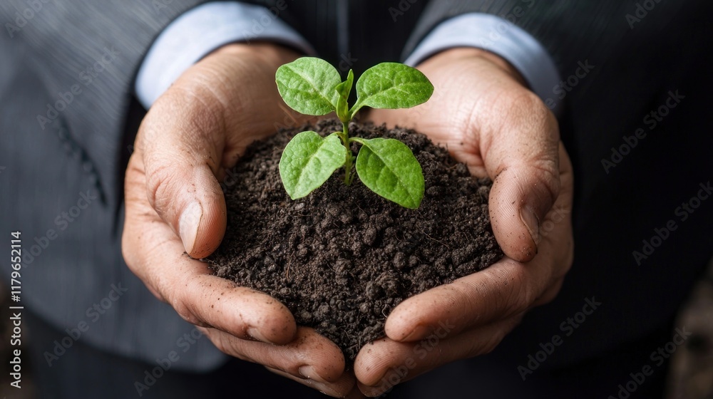 Protecting our future: A businessman's hands gently cradling a young plant, symbolizing growth, sustainability and the nurturing of new ideas and opportunities. Protecting our future: A businessman's hands gently cradling a young plant, symbolizing growth, sustainability and the nurturing of new ideas and opportunities.