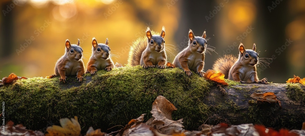 A group of squirrels is playing on top of a moss-covered log in the forest, all looking at one another and eating nuts A group of squirrels is playing on top of a moss-covered log in the forest, all looking at one another and eating nuts