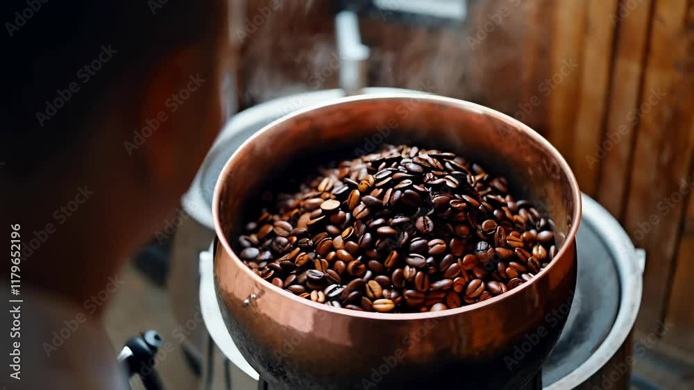 Aromatic coffee beans roasting with rising steam in copper pan sequence Aromatic coffee beans roasting with rising steam in copper pan sequence