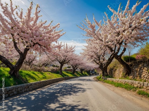 road in mountainous area framed by blooming trees with sakura in spring