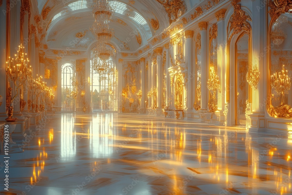 Obraz premium opulent grand ballroom with crystal chandeliers gilded mirrors and marble floors reflecting warm golden light aigenerated luxury interior
