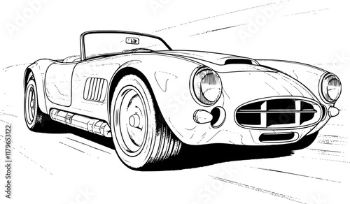 Abstract retro sports car in black and white ink drawing style, adult coloring book