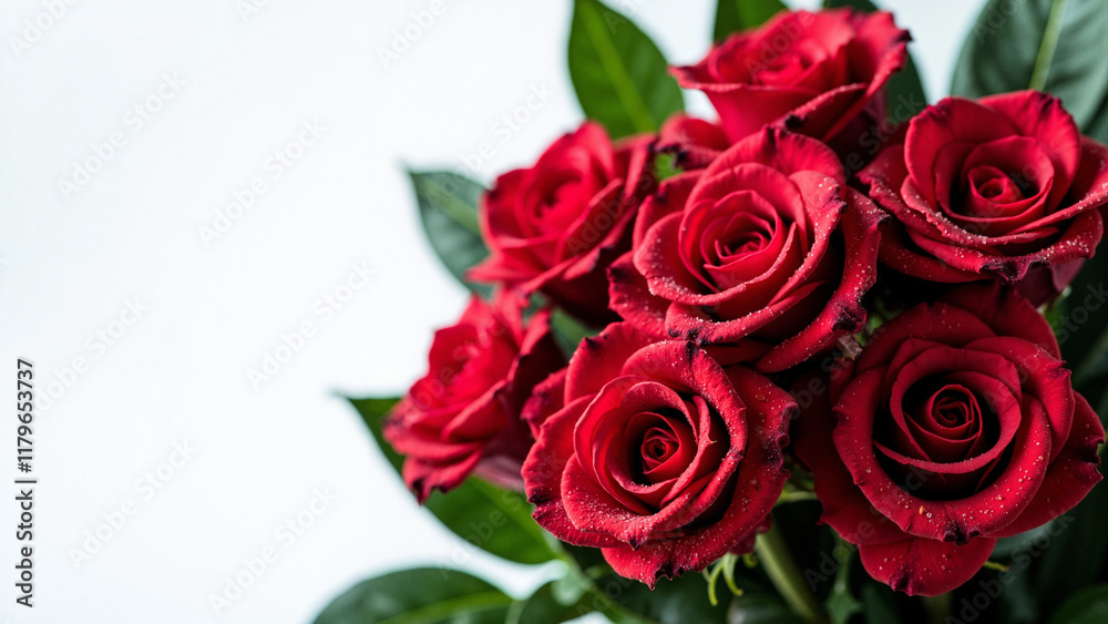 Vibrant Red Roses with Dew Drops on White Background: Perfect for Valentine's Day Ads or Wedding Invitations Vibrant Red Roses with Dew Drops on White Background: Perfect for Valentine's Day Ads or Wedding Invitations