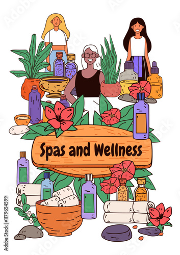 Spa wellness theme with women plants and essential oils vibrant colors floral elements and relaxation items decorative design