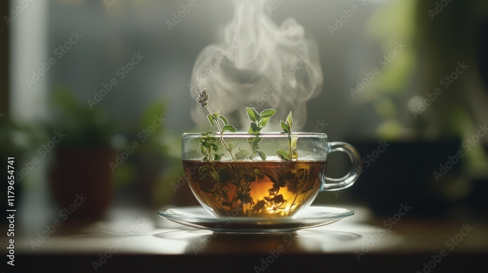 A cup of tea with a plant in it is sitting on a table A cup of tea with a plant in it is sitting on a table