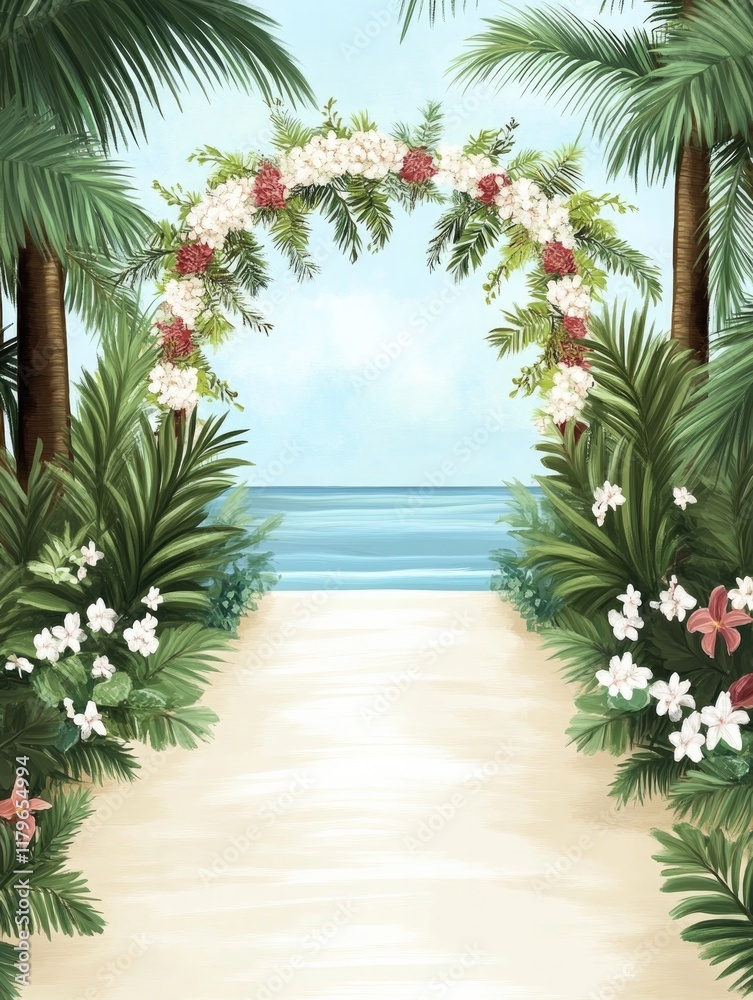 Fototapeta premium Tropical beach path framed by a floral archway with green palm leaves and white flowers, leading to a calm ocean, illustration style, ideal for travel posters, summer designs, nature-themed campaigns