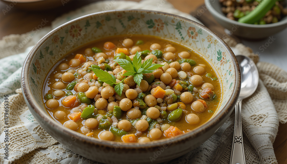 A bowl of hearty soup filled with chickpeas and colorful vegetables A bowl of hearty soup filled with chickpeas and colorful vegetables