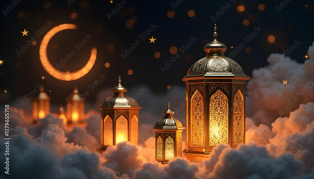 glowing ramadan lanterns with crescent moon and stars in night sky glowing ramadan lanterns with crescent moon and stars in night sky