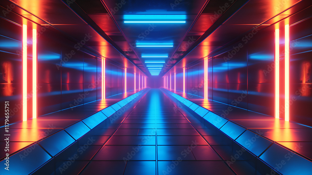 Futuristic Neon Light Tunnel Illustration with Vibrant Blue and Red Glow, Perfect for Sci-Fi and Technology Themes Futuristic Neon Light Tunnel Illustration with Vibrant Blue and Red Glow, Perfect for Sci-Fi and Technology Themes