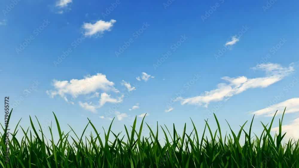 Bright blue sky with fluffy white clouds and lush green grass in a sunny outdoor setting Bright blue sky with fluffy white clouds and lush green grass in a sunny outdoor setting