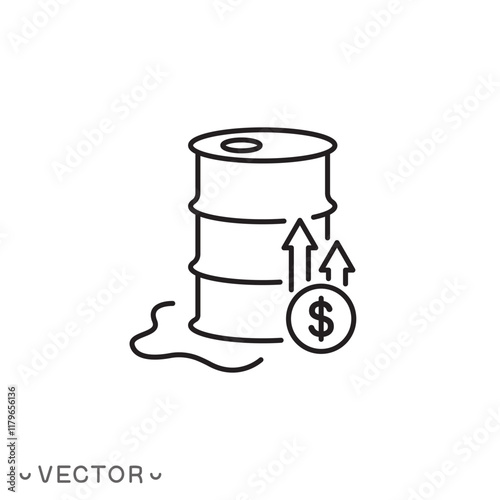 increase cost barrel oil icon, rise in gasoline or diesel prices, fuel crisis, thin line symbol concept isolated on white background, editable stroke eps 10 vector illustration