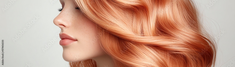 Naklejka premium An ombre wig transitioning from chestnut brown to fiery red, styled in cascading waves, displayed on a marble pedestal