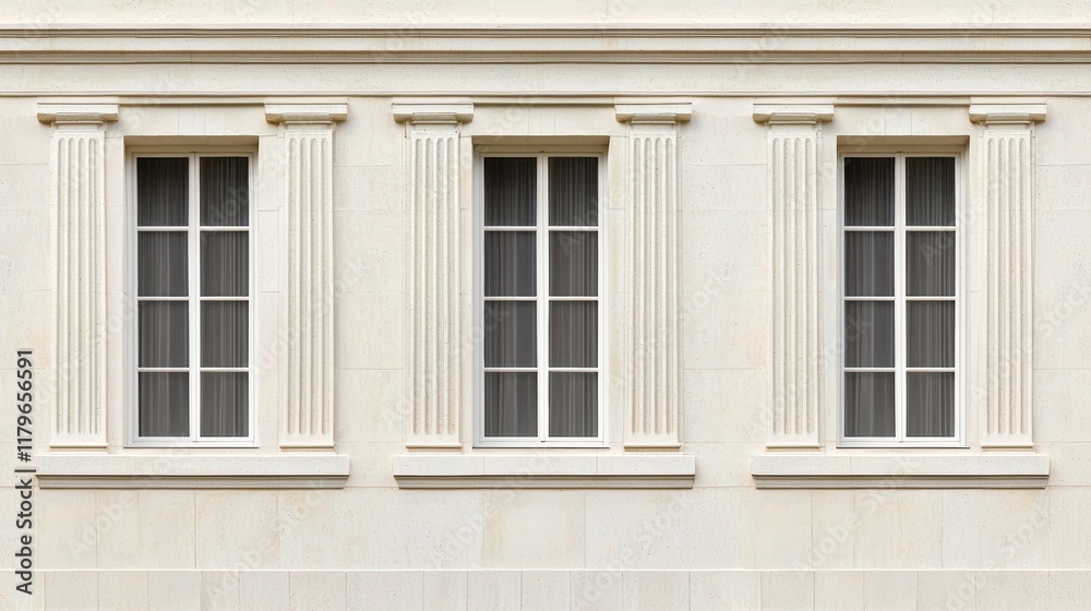 Three Elegant Classical Windows on a Cream-Colored Building Facade Three Elegant Classical Windows on a Cream-Colored Building Facade