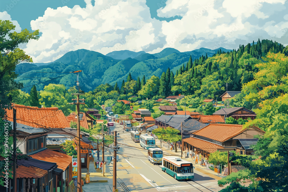Fototapeta premium 里山・田舎の集落のイラスト