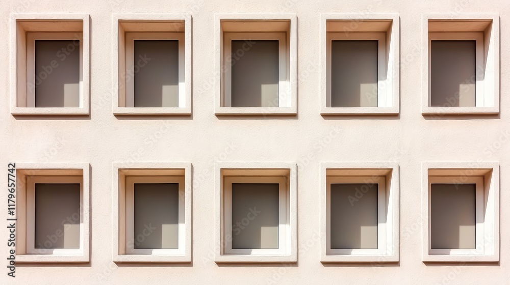 Fototapeta premium Geometric Architectural Detail Twelve Square Windows on Beige Facade