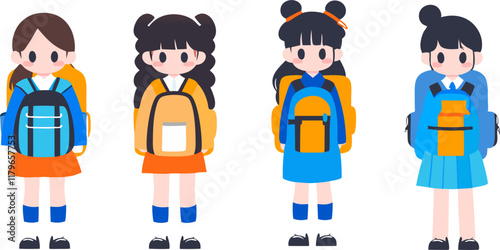 Schoolgirls wearing backpacks are ready for their first day of school