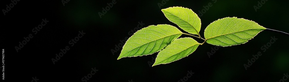 Fresh Green Leaves Against Black Background: A sprig of vibrant green leaves stands out against a dark, almost black background. The leaves are illuminated by a soft light. Fresh Green Leaves Against Black Background: A sprig of vibrant green leaves stands out against a dark, almost black background. The leaves are illuminated by a soft light.