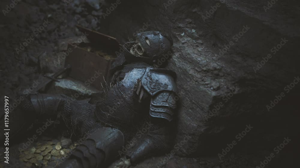 A lifeless knight in rusted armor rests against a rocky cave wall, surrounded by scattered coins and relics of a bygone era, casting an eerie atmosphere in the dim light. A lifeless knight in rusted armor rests against a rocky cave wall, surrounded by scattered coins and relics of a bygone era, casting an eerie atmosphere in the dim light.