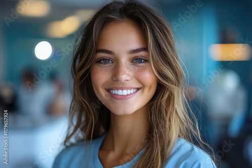 professional dental success portrait young caucasian woman patient expressing joy with perfect white smile and thumbs up gesture in modern clinic setting
