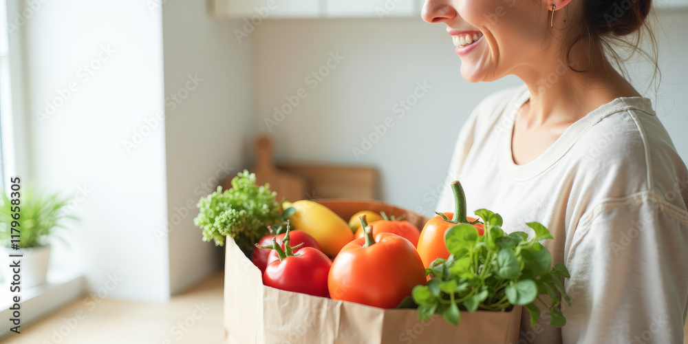 A happy housewife in the kitchen holds a bag full of fruits and vegetables A happy housewife in the kitchen holds a bag full of fruits and vegetables