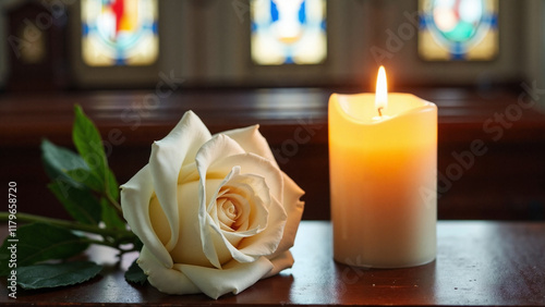 Serene White Rose and Candle in Church: Perfect for Wedding Services, Spiritual Retreats, and Memorial Promotions