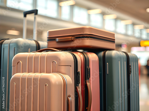 suitcases in the airport,stacked suitcases in an airport space photo