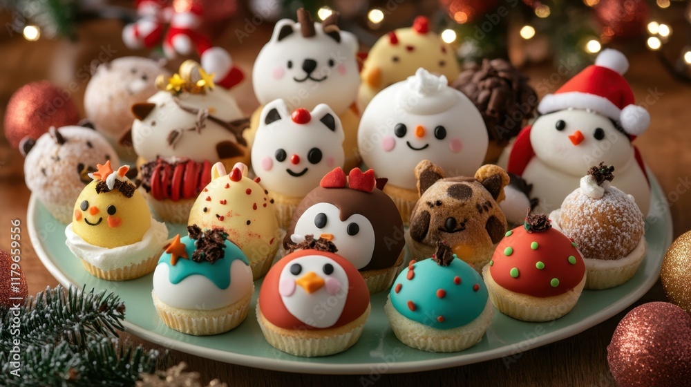 Adorable holiday-themed desserts with animal designs are arranged on a festive platter, surrounded by decorations, perfect for a whimsical celebration. Adorable holiday-themed desserts with animal designs are arranged on a festive platter, surrounded by decorations, perfect for a whimsical celebration.