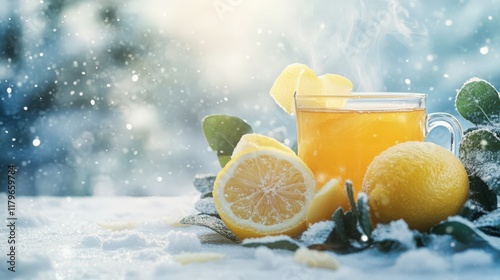 Wallpaper Mural A glass of tea with a lemon slice in it sits on a table with snow on the ground Torontodigital.ca