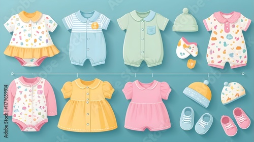 A charming vector illustration of baby clothes hangers, each holding a garment such as a onesie, romper, and cardigan, featuring delicate embroidered details
