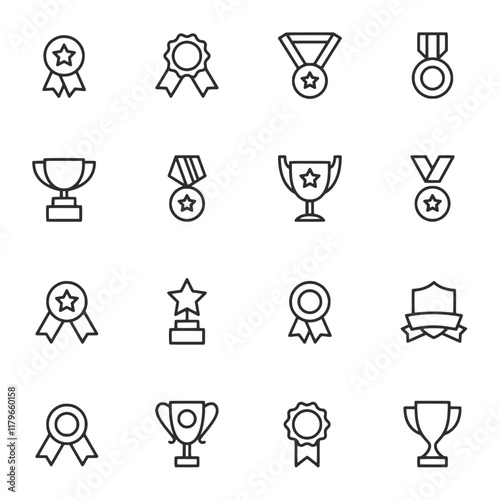 A set of white line drawings of various awards and medals