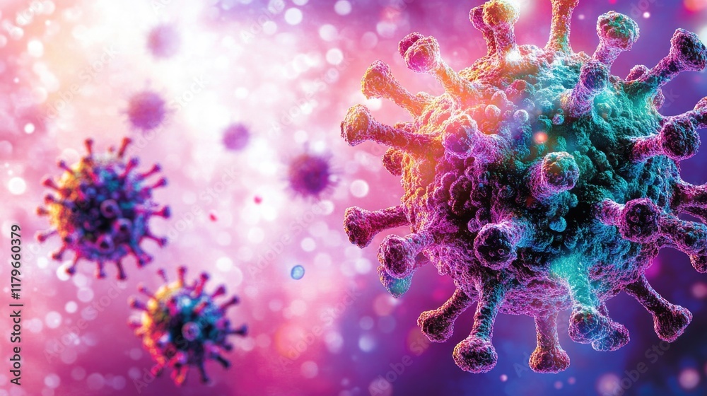 Colorful visualization of virus structure in a microscopic environment. hMPV, Human metapneumovirus Colorful visualization of virus structure in a microscopic environment. hMPV, Human metapneumovirus