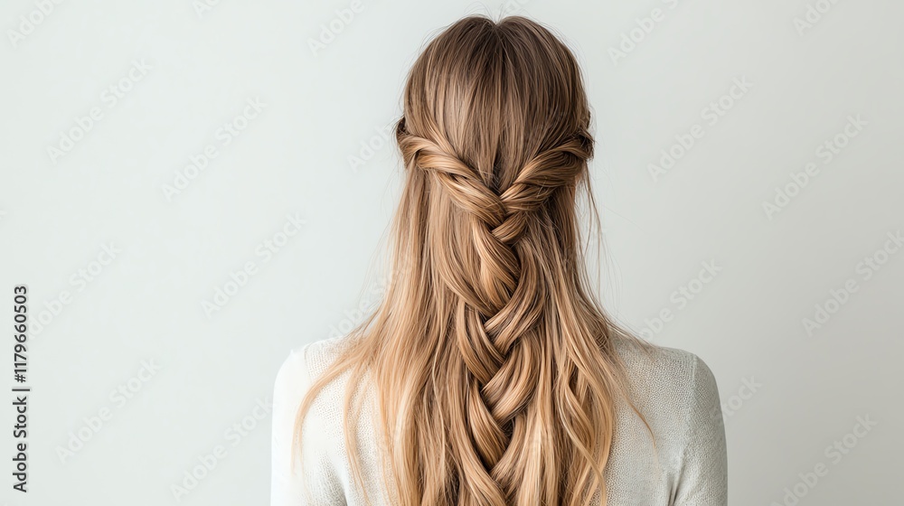 Naklejka premium Long, silky extensions styled in a waterfall braid, draped over a luxurious marble base