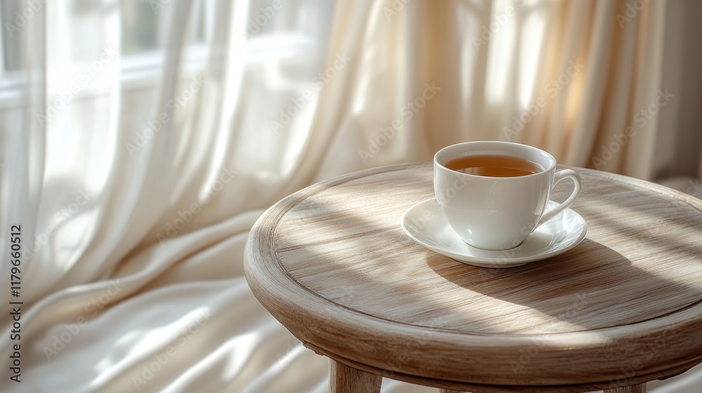 Sunlit teacup on wooden side table. Sunlit teacup on wooden side table.