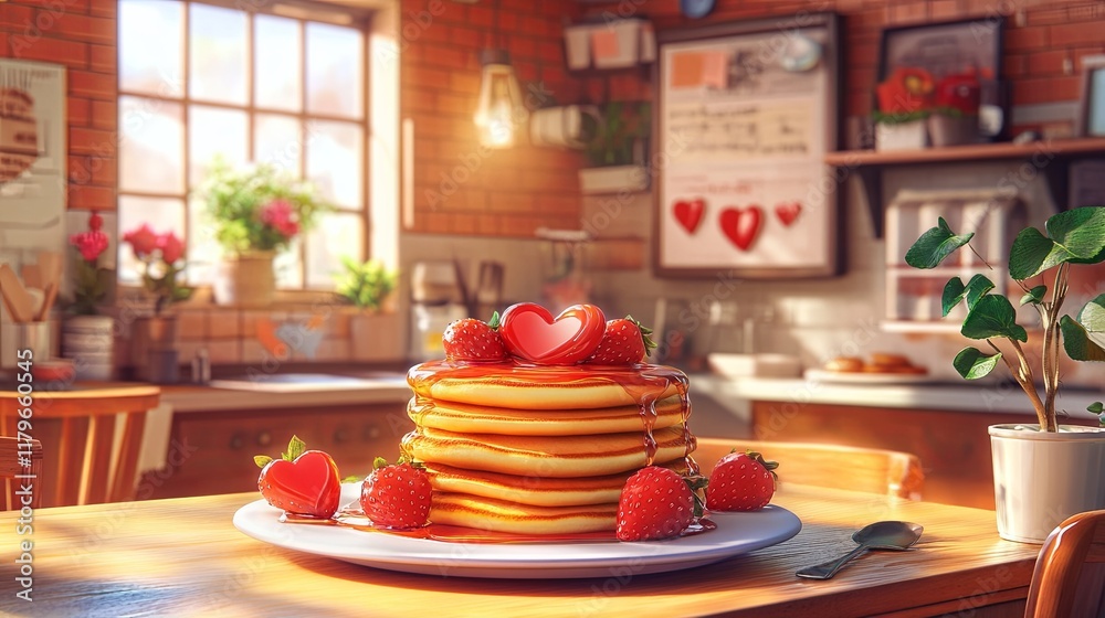 Naklejka premium A cozy pancake caf serving heart-shaped pancakes with syrup and strawberries