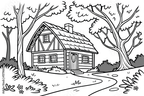 a quaint wooden house with a thatched roof. The house is nestled among tall trees and lush foliage A.eps