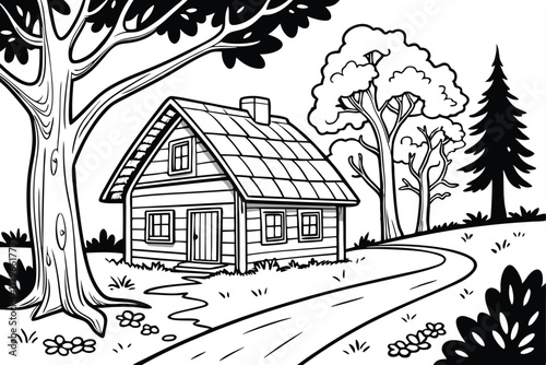 Winter House in the Forest Sketch with Trees and Vintage Architecture photo