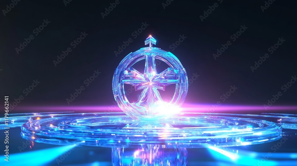 Fototapeta premium Glowing Crystal Compass 3D Render: Futuristic, Vibrant Digital Art. AI Generated