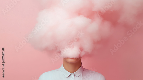 Surreal concept of head in the clouds, clouding of consciousness or mental fog in pink