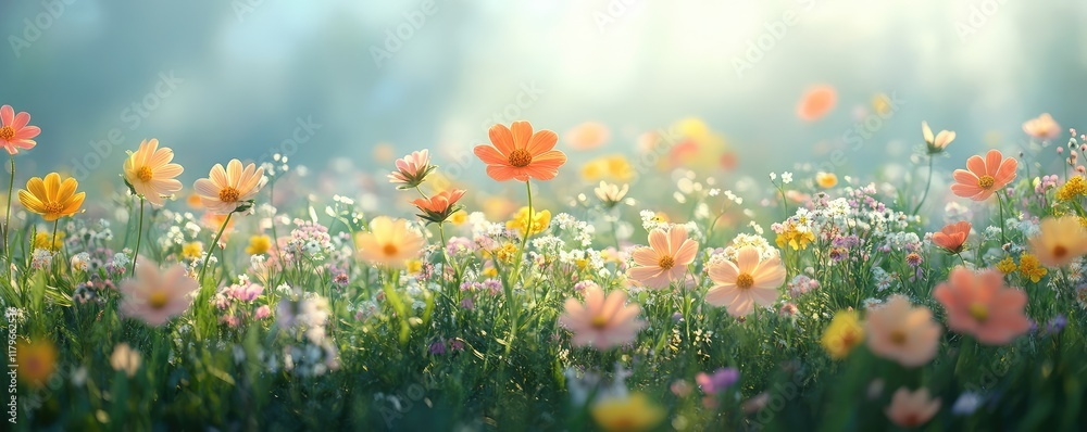 A vibrant field of blooming flowers under soft sunlight. A vibrant field of blooming flowers under soft sunlight.