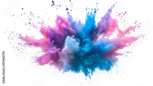 Bright rainbow holi powder explosion with a dynamic mix of colors. Colorful rainbow holi paint color powder explosion isolated white wide panorama background.