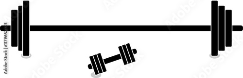 vector A barbell and dumbbells, drawn in simple black lines, represent weightlifting equipment.