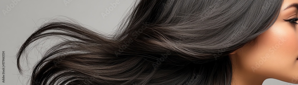 Realistic curly wig in natural black, styled with soft waves, glowing gently against a soft studio background Realistic curly wig in natural black, styled with soft waves, glowing gently against a soft studio background