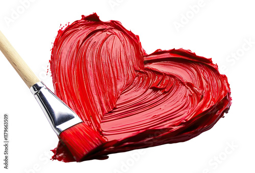 Red heart-shaped paint with brush strokes, isolated on transparent cutout background
 photo