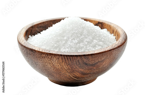 Sea salt in a wooden bowl, isolated on transparent cutout background
