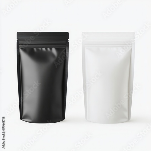 Environment, eco friendly, plastic. Two stand-up pouches, one black and one white, on a neutral background. photo