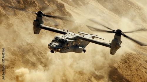 MV-22 Osprey Helicopter in Flight, Desert Terrain