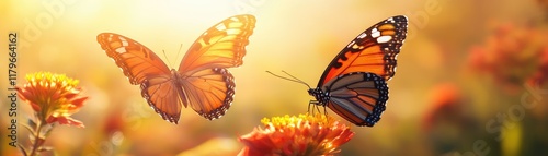 Two colorful butterflies fluttering among vibrant flowers in a sunny background.